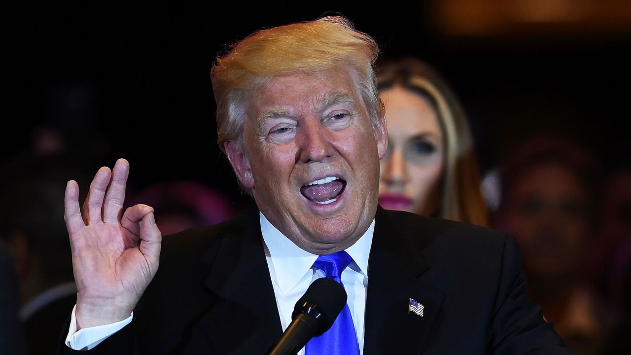 US Republican presidential candidate Donald Trump speaks in New York on May 3, 2016, following the primary in Indiana. 
Republican Party chief Reince Priebus declared Tuesday that Donald Trump will be the presumptive Republican presidential nominee, after his main rival Ted Cruz dropped out of the race. / AFP / Jewel SAMAD        (Photo credit should read JEWEL SAMAD/AFP/Getty Images)