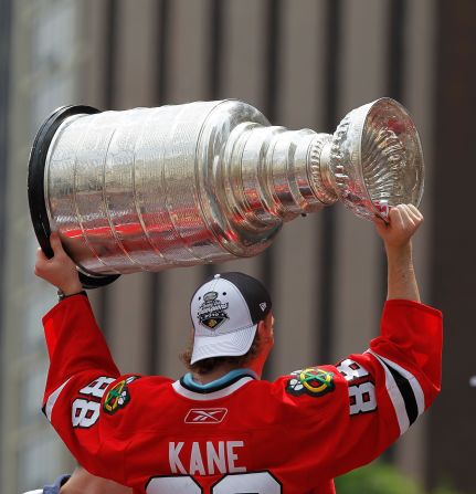 The Stanley Cup is hoisted by Patrick Kane during the Chicago Blackhawks parade in June, 2010. Nyquist's owner Reddam was given the honor of drinking out of the cup when his beloved Detroit Red Wings won the NHL title in 2002. The cup was reportedly making its way to Nyquist's stable before the Run For the Roses on May 7.