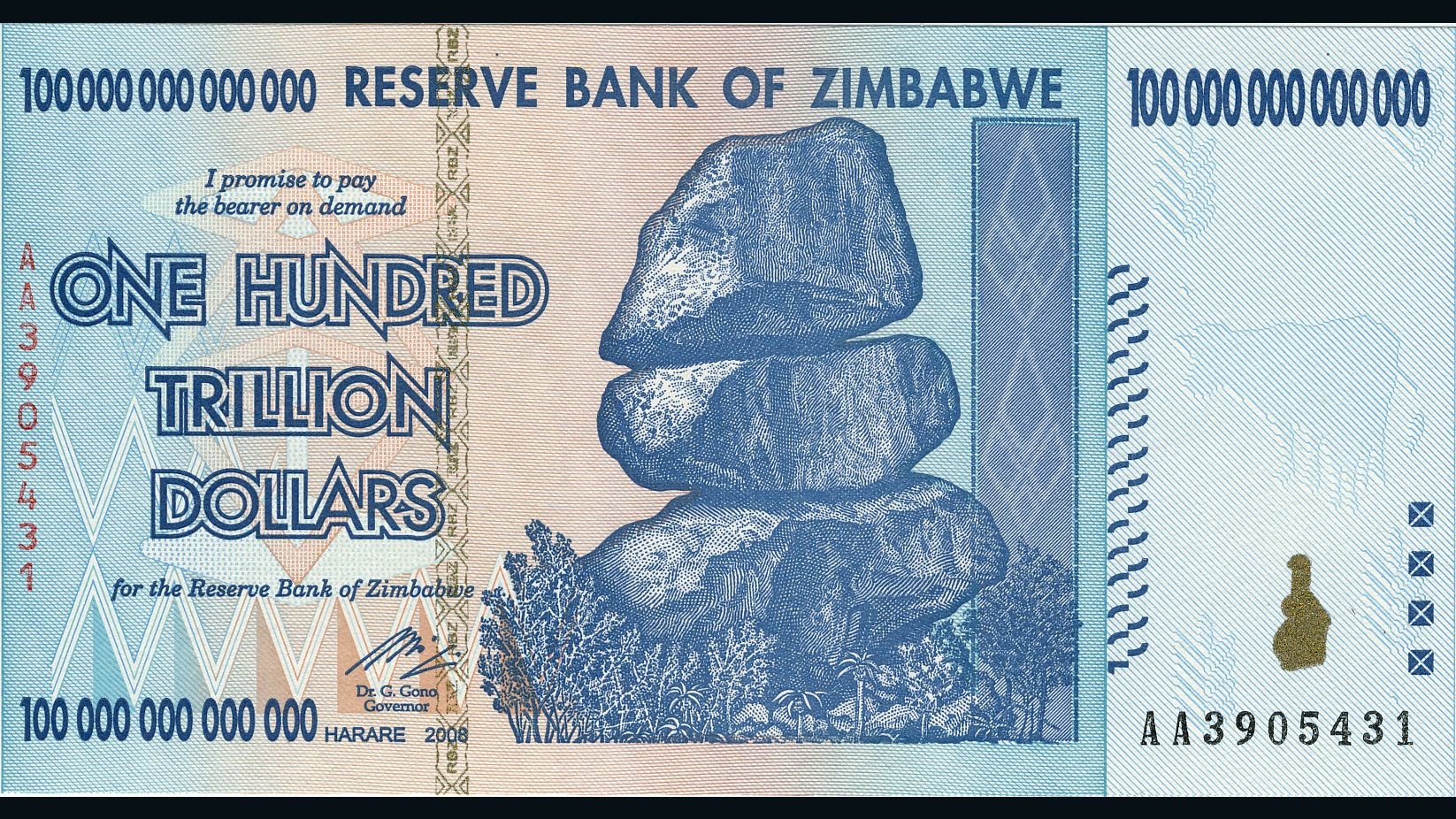 A photo of a one hundred trillion dollar note, issued by Zimbabwe's central bank after hyperinflation. Zimbabwe now uses US currency. 