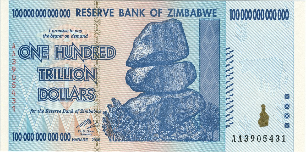 A photo of Zimbabwe's one hundred trillion dollar note, which is now out of action after massive devaluation of the Zimbabwe currency spiralled out of control in 2009. 