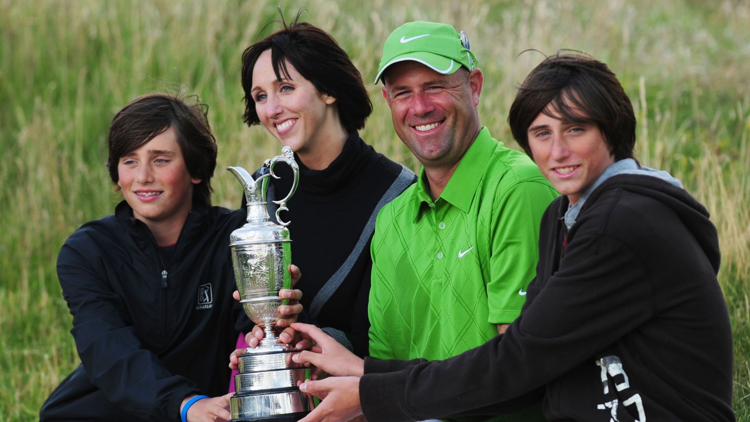 Stewart Cink poses with wife Lisa and family after winning the British Open at Turnberry in 2009.