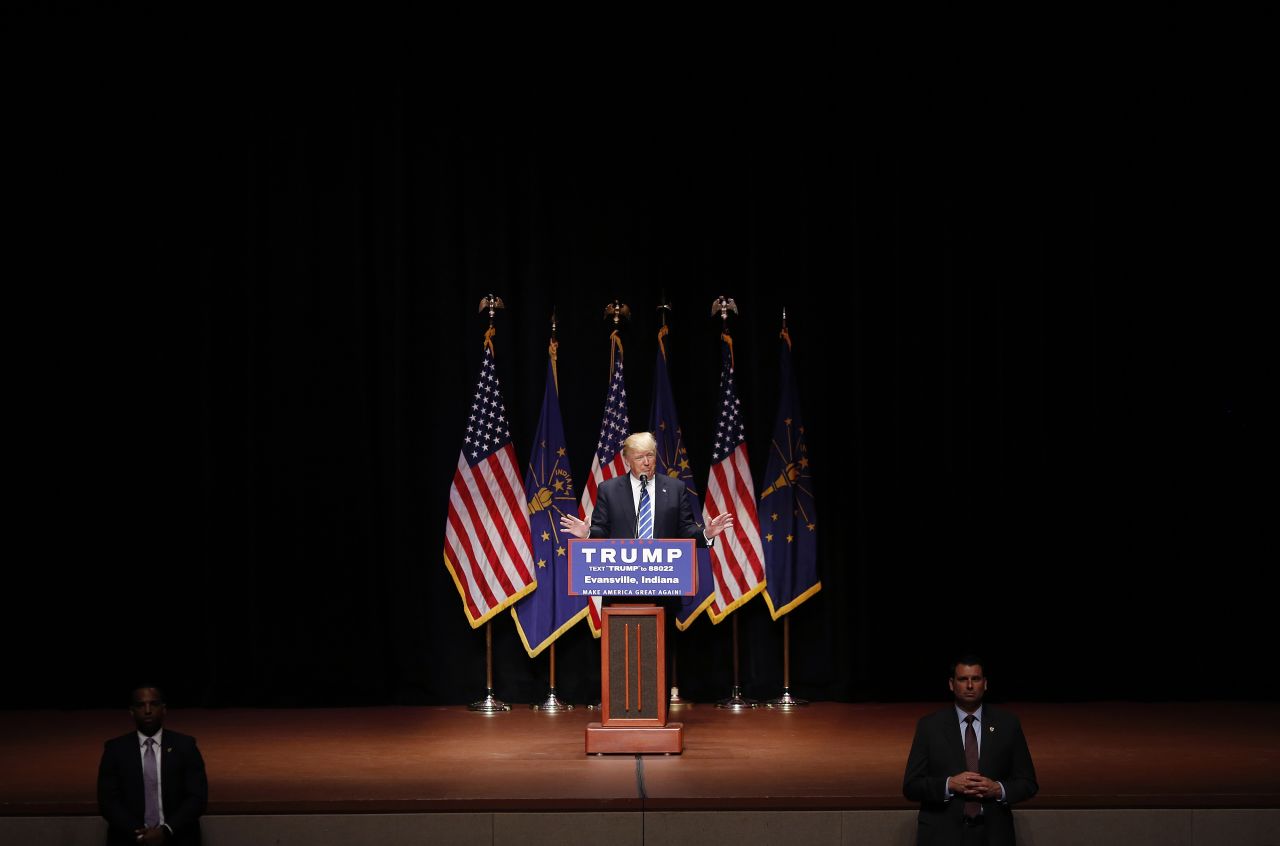 Trump speaks during a campaign event in Evansville, Indiana, in April 2016. After Trump won the Indiana primary, his last two competitors dropped out of the GOP race.