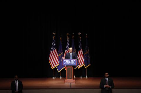 Trump speaks during a campaign event in Evansville, Indiana, in April 2016. After Trump won the Indiana primary, his last two competitors dropped out of the GOP race.