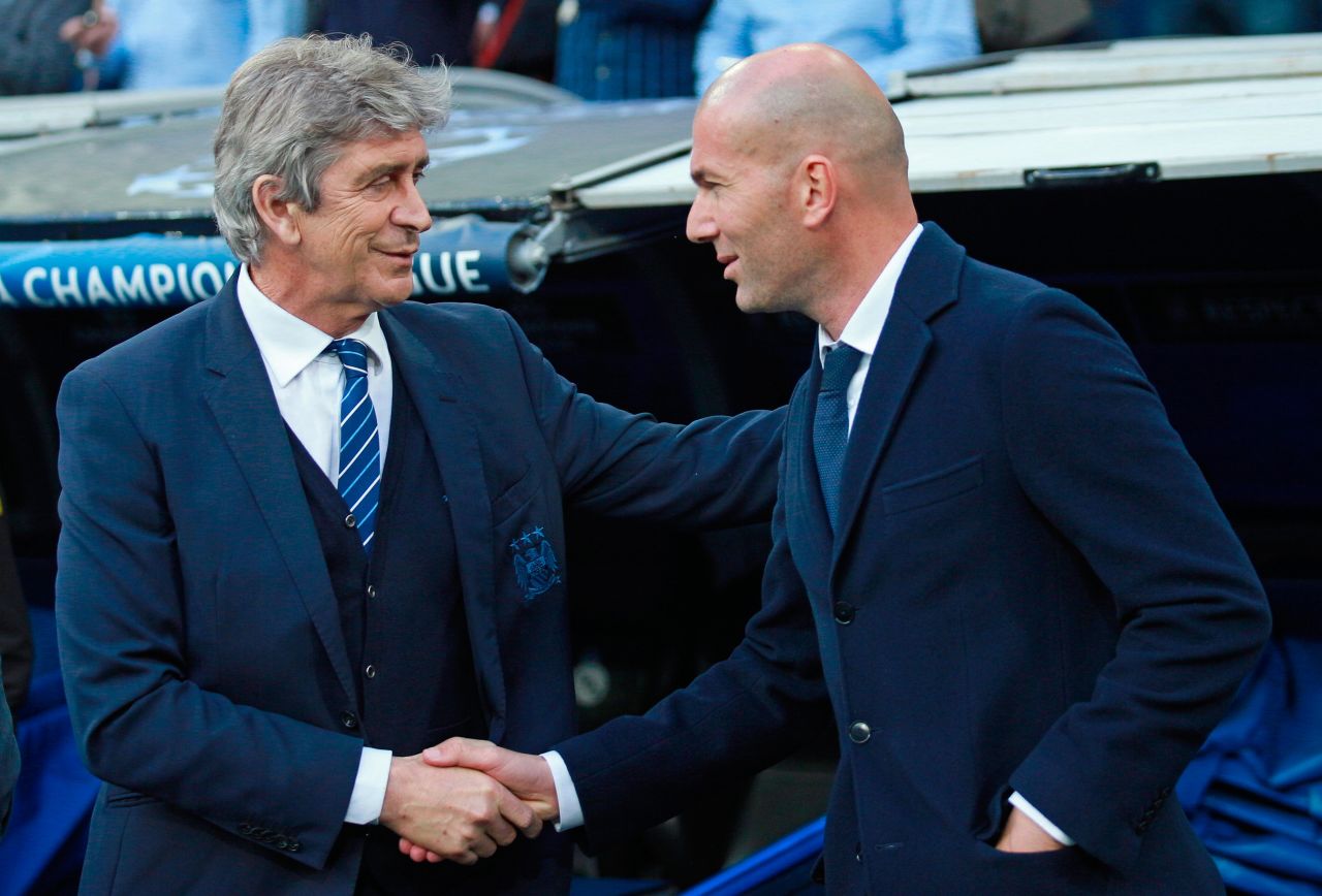  Manuel Pellegrini, once of Real Madrid but now of Manchester City, greeted his counterpart Zinedine Zidane before kick off. Pellegrini will leave City at the end of the season with Pep Guardiola replacing him.<br /><br />