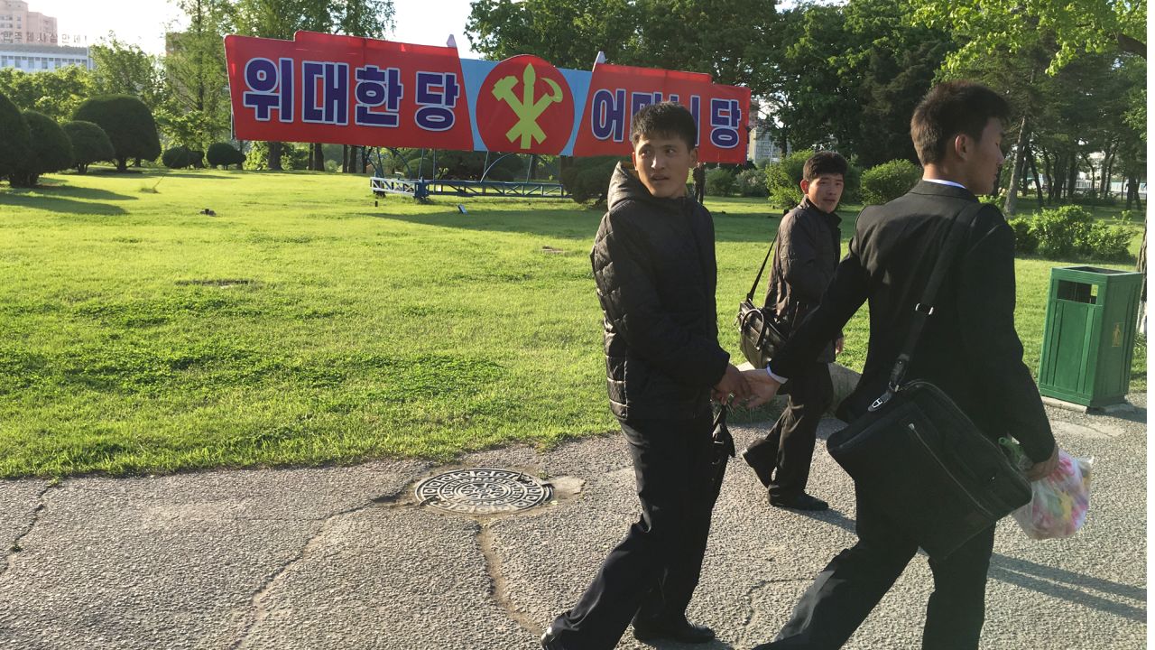 Around every corner of Pyongyang are banners marking the upcoming congress. This one says "Great party. Motherly party."