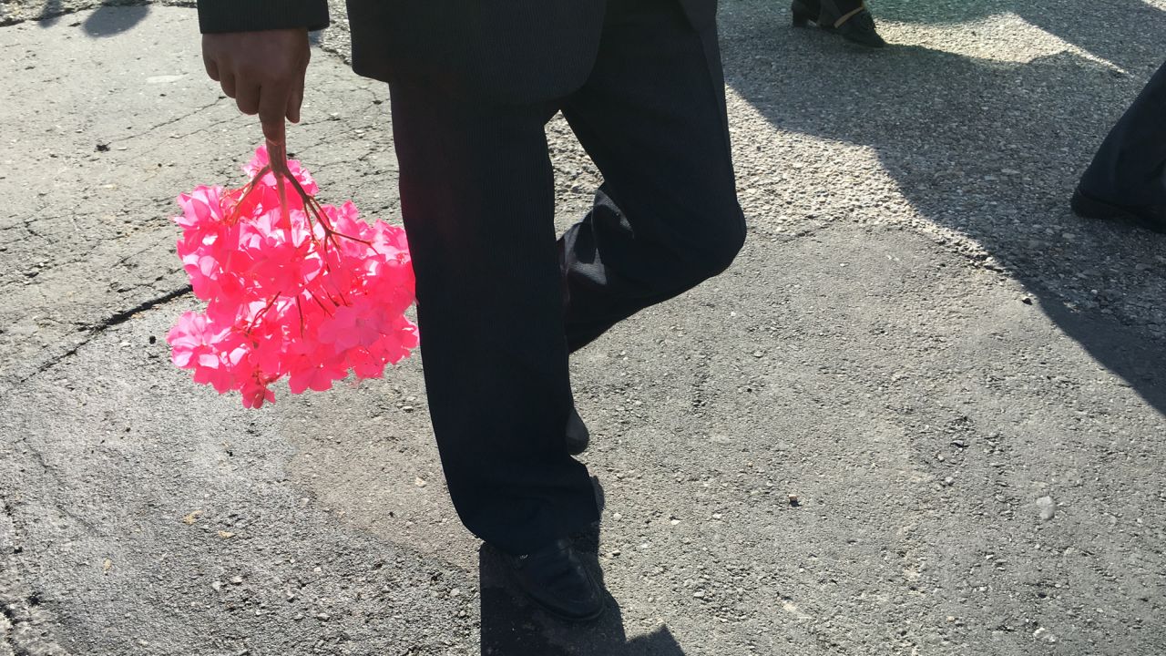 Many of the mass demonstrations will feature group choreography. Bundles of fake flowers are distributed and people are seen carrying them throughout Pyongyang.