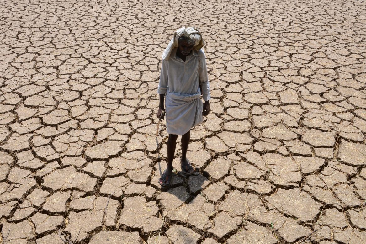 A farmer poses in his dried-up cotton field in Nalgonda, India, on Monday, April 25.