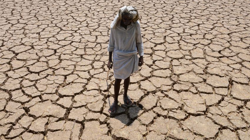 An Indian farmer poses in his dried up cotton field at Chandampet Mandal in Nalgonda east of Hyderabad on April 25, 2016, in the southern Indian state of Telangana.
Some 330 million people are suffering from drought in India, the government has said, as the country reels from severe water shortages and desperately poor farmers suffer crop losses. / AFP / Noah SEELAM        (Photo credit should read NOAH SEELAM/AFP/Getty Images)