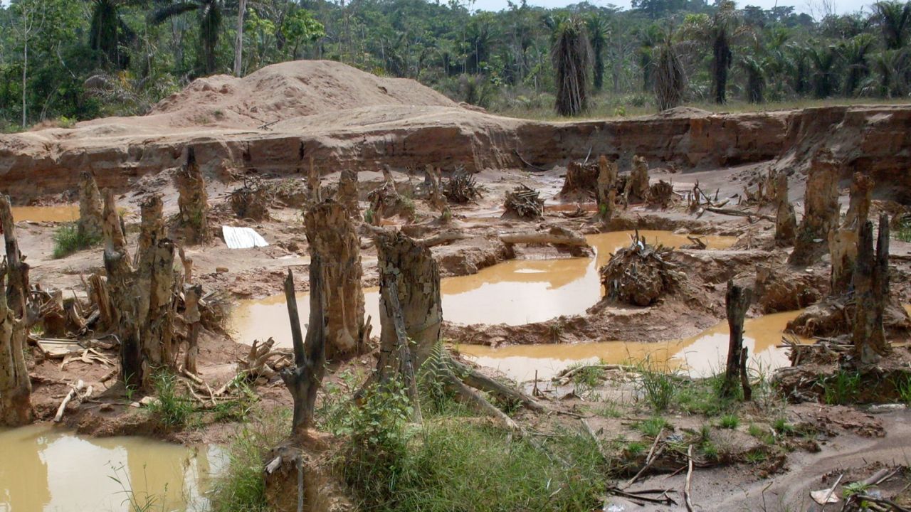 A protected forest and river in Ghana, which is now strip mined for gold.