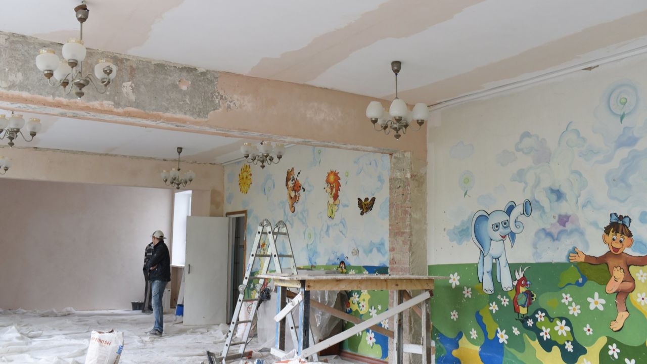 Refurbishing work takes place at Kindergarten 'Veselka' In Svitlodarsk, eastern Ukraine. The school was heavily damaged by shelling at the beginning of 2015.