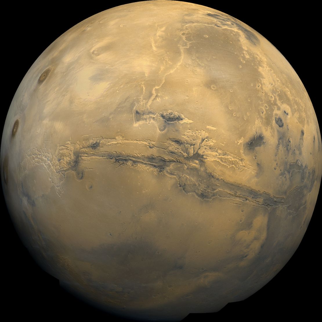 Valles Marineris, or Mariner Valley, cuts across Mars in this mosaic of images taken by Viking 1 in 1980.