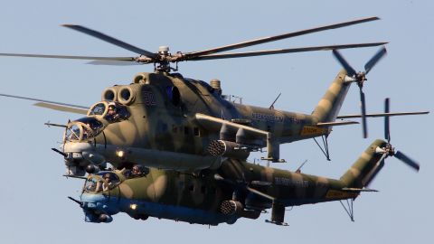 Mil Mi-24 Hind large helicopter gunships during a military parade rehearsal, May 7, 2015, Russia.