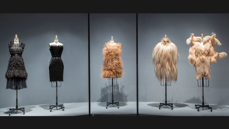 Upper Level Gallery View: Featherwork at Manus x Machina: Fashion in an Age of Technology.