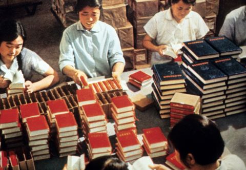 Printing house workers in Beijing pack copies of Mao Zedong's "Little Red Book," the bible of Maoist thought, during the Cultural Revolution.