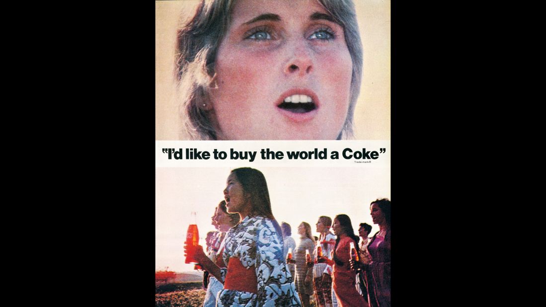 <strong>1971:</strong> Perhaps the most famous Coca-Cola ad of all time, "Hilltop," debuted in 1971. The <a href="https://www.youtube.com/watch?v=1VM2eLhvsSM" target="_blank" target="_blank">television commercial</a> features an international group of people singing "I'd Like to Buy the World a Coke."