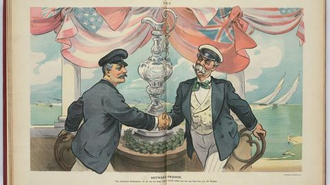 Artist's illustration shows an American yachtsman shaking hands with Thomas Lipton (right). 