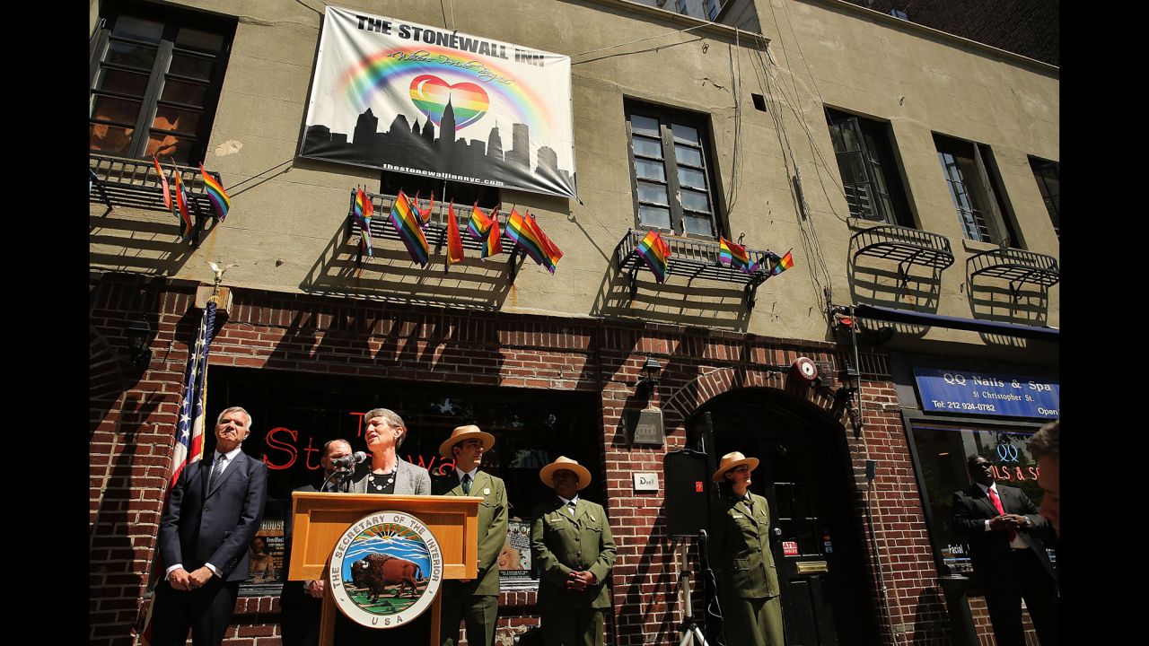 Interior Secretary Sally Jewell visited the Stonewall Inn in 2014 to announce a new National Park Service initiative to identify important places and events associated with the LGBT civil rights struggle.