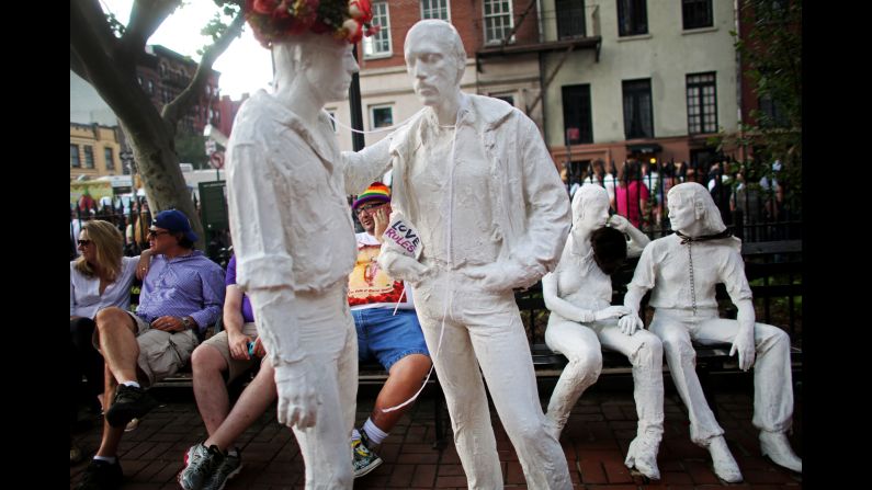 <a href="index.php?page=&url=http%3A%2F%2Fwww.nycgovparks.org%2Fparks%2Fchristopher-park%2Fmonuments%2F575" target="_blank" target="_blank">Artist George Segal's "Gay Liberation"</a> sculpture at Christopher Park is located opposite the Stonewall Inn. The work, featuring two standing men and two seated women, was unveiled in 1992. 