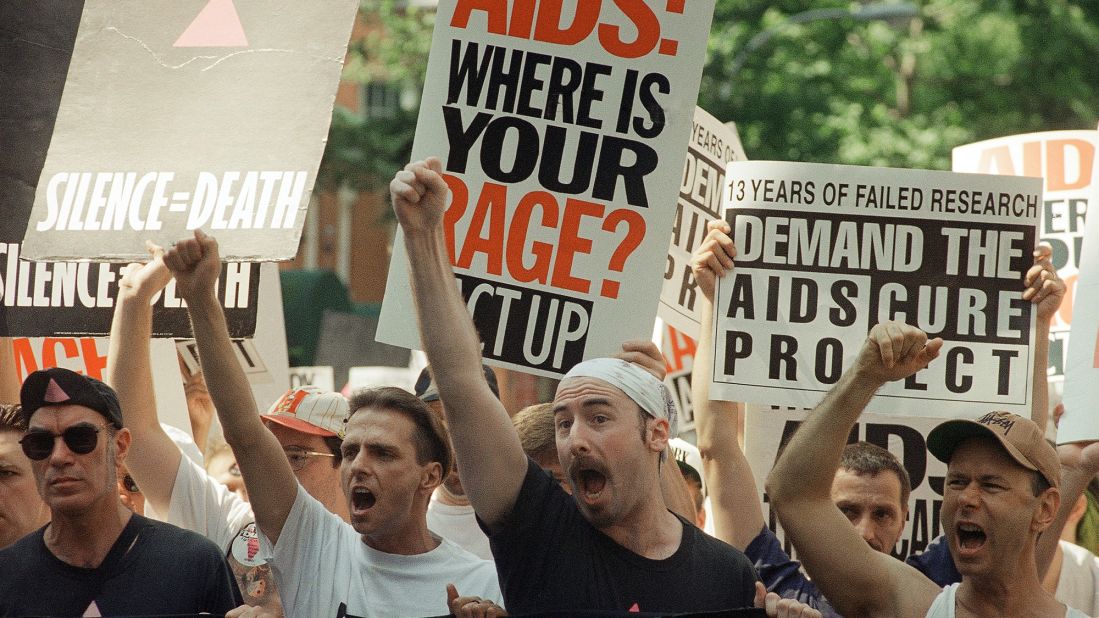 Members of the AIDS Coalition to Unleash Power (ACT-UP) held an unsanctioned march up New York's Fifth Avenue in 1994 for the 25th anniversary of the Stonewall riots. 