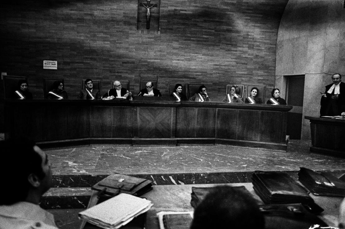 Anti-Mafia judges sit in a courtroom in Sicily in 1981.