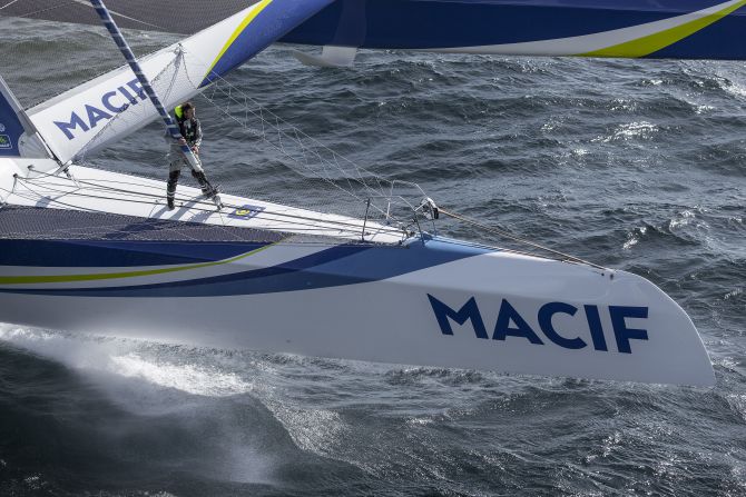 The 33-year-old is racing the boat in the Plymouth to New York Transat bakerly in an attempt to break the solo around the world record.