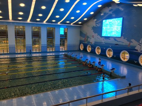 An Olympic-sized swimming pool is a focal point of a "children's palace" after-school center in Pyongyang.