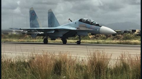 A Russian SU-35 takes off from the Hmeimim base in northern Syria, May 4, 2016. 