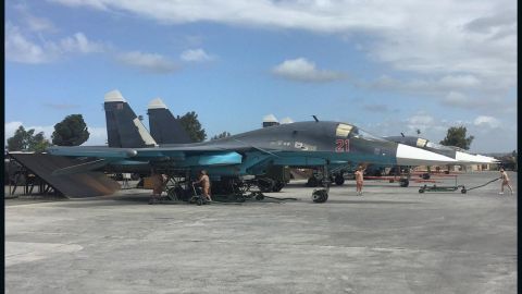 Two Russian SU-34s on the tarmac at Hmeymim base in northern Syria, May 4, 2016.