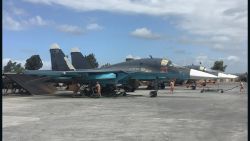Two Russian SU-34s on the tarmac at Hmeimim base in northern Syria.