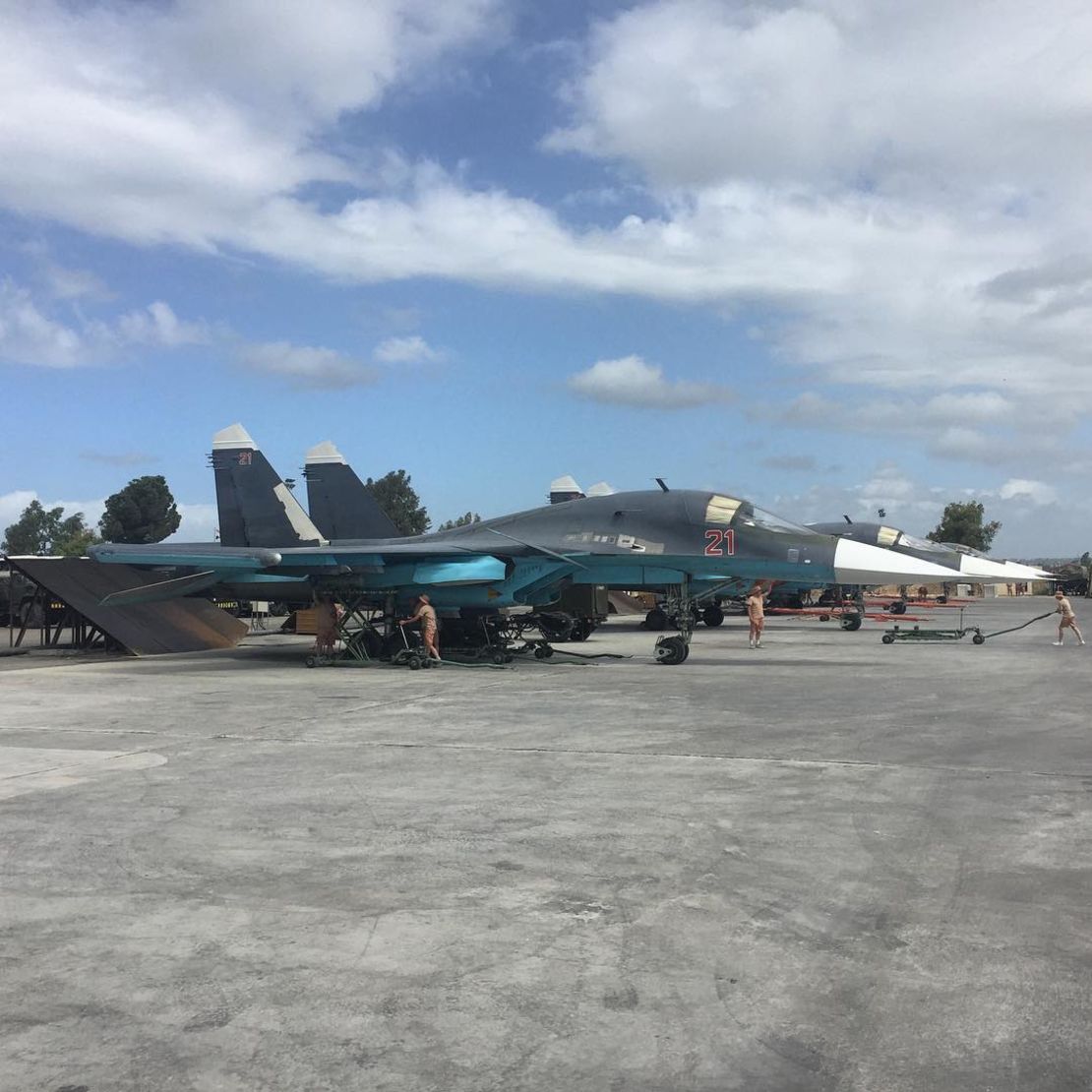 Two Russian SU-34s on the tarmac at Hmeymim base in northern Syria, May 4, 2016.