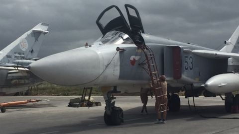 A SU-24 Russian strike aicraft at the Hmeymim airbase in Syria, May 4, 2016.
