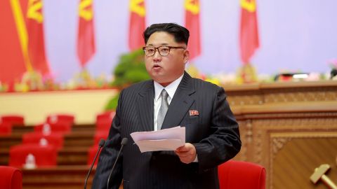 This photo taken on May 6, 2016 and released on May 7 by North Korea's official Korean Central News Agency (KCNA) shows North Korean leader Kim Jong Un making an opening speech during the 7th Workers Party Congress.