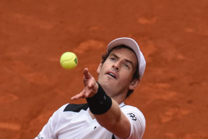 Murray prepares to serve in the semifinal of the Madrid Open.