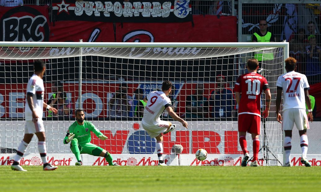 Robert Lewandowski opens the scoring for Bayern Munich against Ingolstadt.