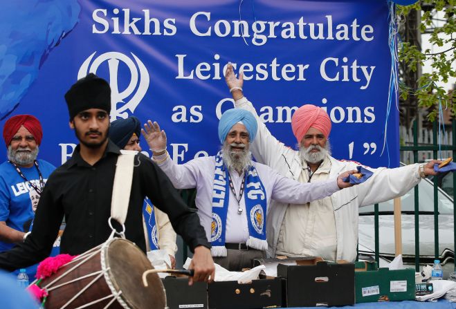 Sikh Leicester fans pose before the match. Leicester is one of the most diverse cities in the UK.