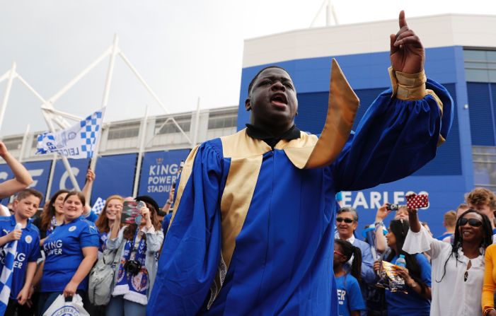 Leicester fans make themselves heard before watching their team play Everton.