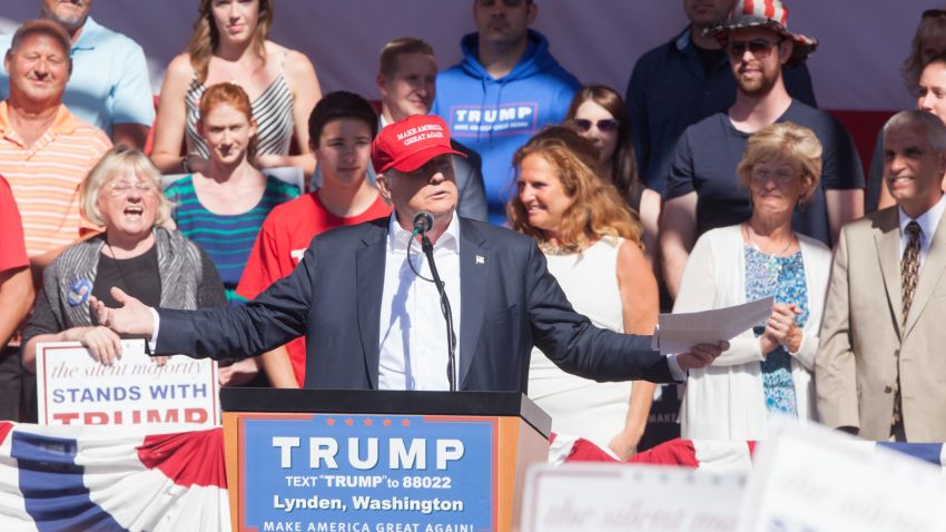 LYNDEN, WA - MAY 07: Republican presidential candidate Donald Trump gives a speech during a rally at the The Northwest Washington Fair and Event Center on May 7, 2016 in Lynden, Washington. Trump became the Republican presumptive nominee following his landslide win in Indiana on Tuesday. (Photo by Matt Mills McKnight/Getty Images)