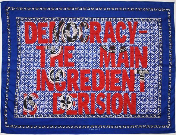 Democracy - the main ingredient is derision (2016) by Lawrence Lemaoana. The continuing discontent with politics in South Africa is directly reflected in Johannesburg born Lemaoana's works. A former professional rugby star, "the works are a commentary on contemporary South African politics", he explains, adding it is "the failed vision on what democracy is to different denominations of our society".' 