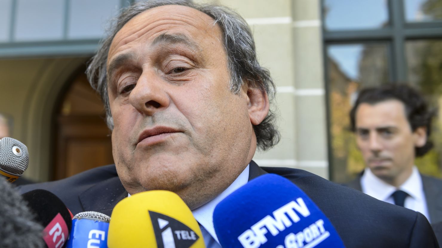 Michel Platini addresses the media as he leaves the Court of Arbitration for Sport (CAS) in April.
