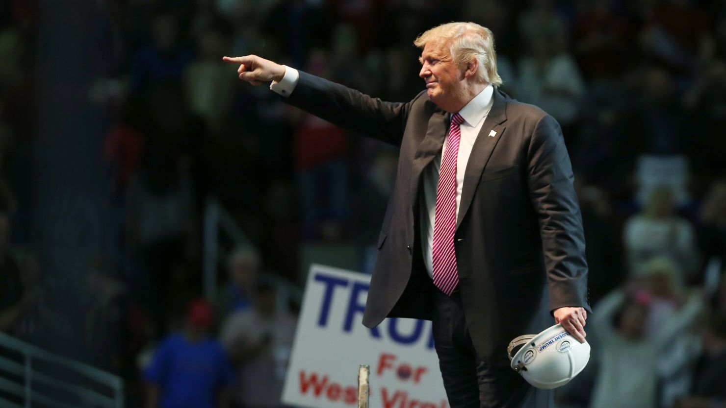 Republican Presidential candidate Donald Trump points to supporters following his speech at the Charleston Civic Center on May 5, 2016 in Charleston, West Virginia. 