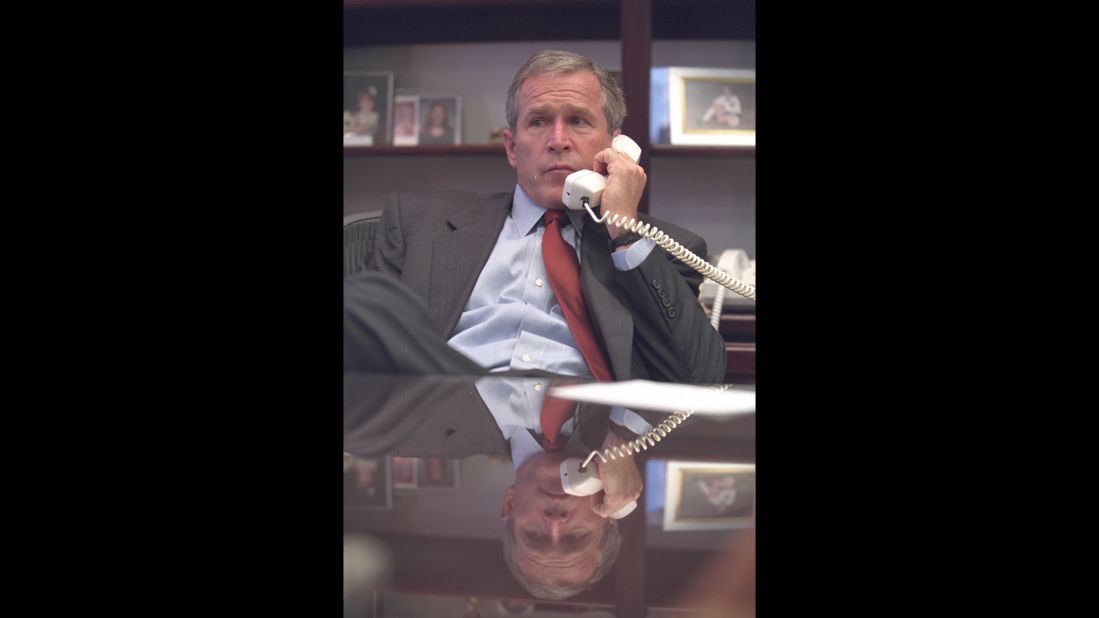 Bush talks on the phone at Barksdale Air Force Base.
