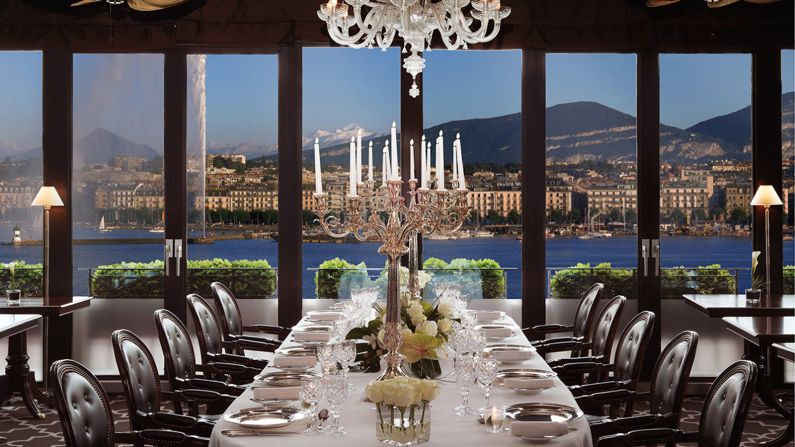 Overlooking Lake Geneva's Jet d'Eau fountain, the Hotel d'Angleterre's Windows restaurant has incredible views through floor-to-ceiling panes of glass.