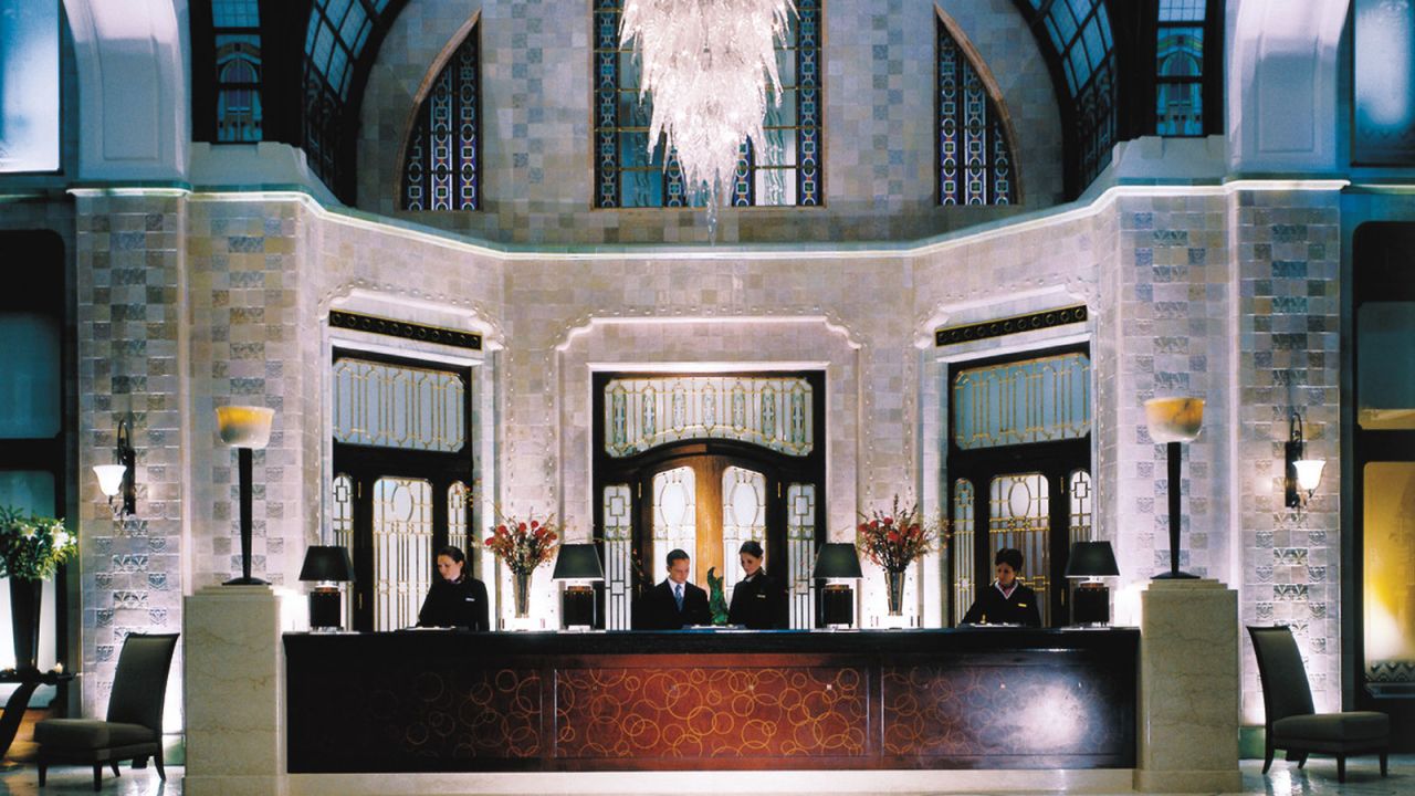 The Gresham's lobby is a work of art, with a Moorish glass-domed ceiling and dazzling, spiked-glass chandelier.