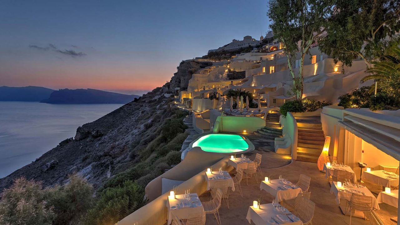 The Mystique hotel has some of the best views of the dormant volcano caldera over which Santorini is perched. 