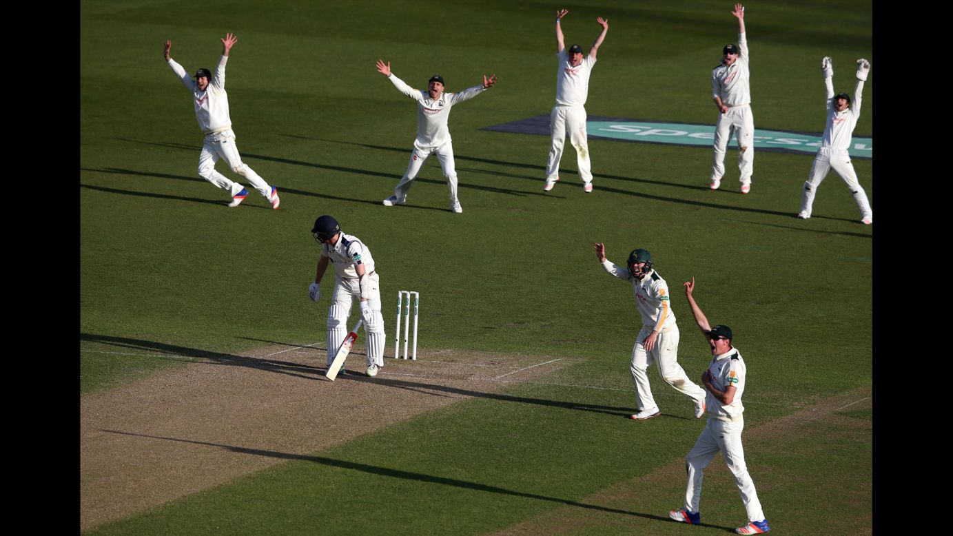 Nottinghamshire cricket players celebrate Wednesday, May 4, after Yorkshire's Steven Patterson was caught leg before wicket during a Division One match in Nottingham, England.