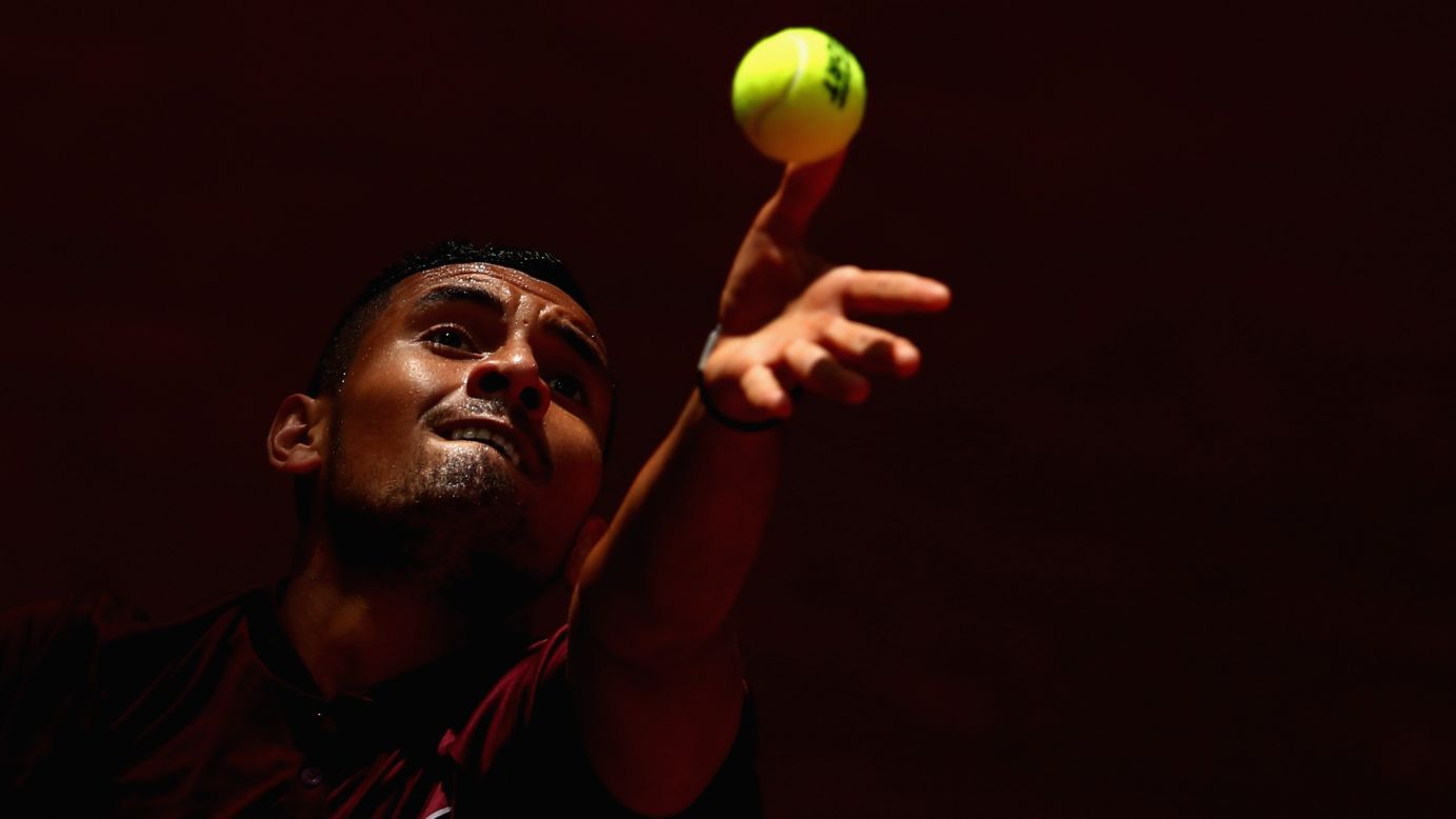Nick Kyrgios serves during a second-round match at the Madrid Open on Wednesday, May 4. <a href="http://edition.cnn.com/2016/05/09/tennis/andy-murray-splits-coach-amelie-mauresmo/index.html">READ MORE: Djokovic triumphs in Madrid final</a>