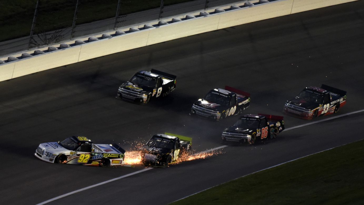 NASCAR driver Parker Kligerman is clipped from behind during the Truck Series race in Kansas City, Kansas, on Friday, May 6.