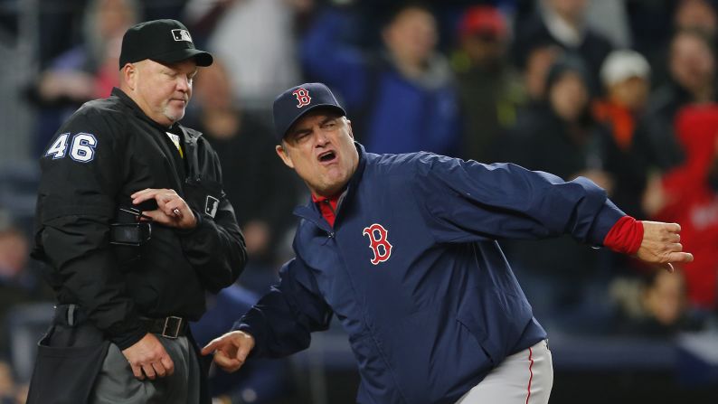 Boston manager John Farrell gestures at umpire Ron Kulpa after Kulpa ejected him from a game in New York on Friday, May 6. Slugger David Ortiz was also ejected in the ninth inning as the Red Sox lost 3-2 to the New York Yankees.