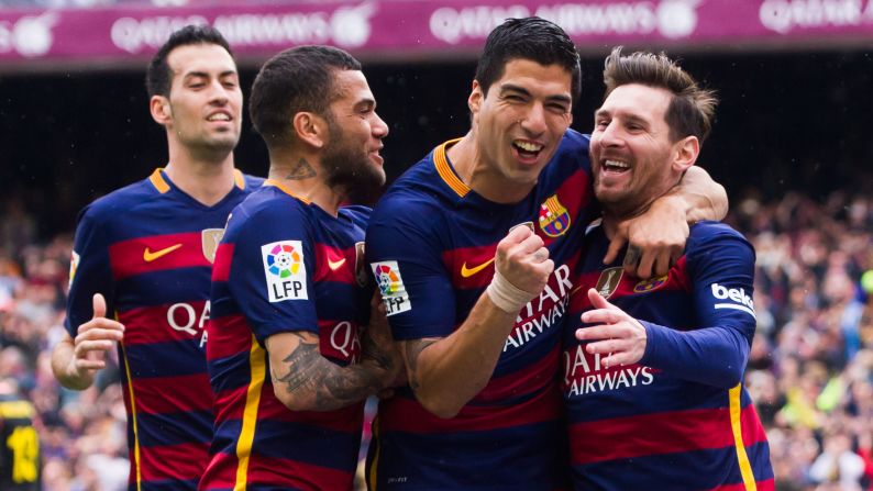 From left, Barcelona players Sergio Busquets, Dani Alves, Luis Suarez and Lionel Messi celebrate the opening goal against city rivals Espanyol on Sunday, May 8. Barcelona won 5-0. <a href="index.php?page=&url=http%3A%2F%2Fedition.cnn.com%2F2016%2F05%2F08%2Ffootball%2Fla-liga-barcelona-real-madrid-atletico-madrid%2Findex.html">READ MORE: Barca close in on title</a>