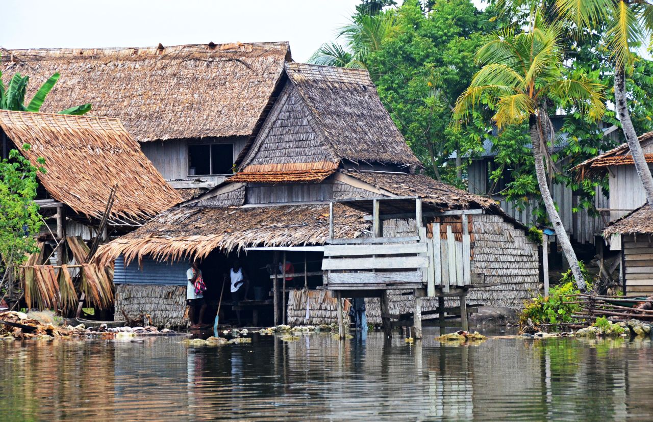 Communities in parts of the Solomon Islands have been forced to move to higher volcanic islands as they watch their coastline recede, pushing seawater into their homes. Photo taken October 2013.